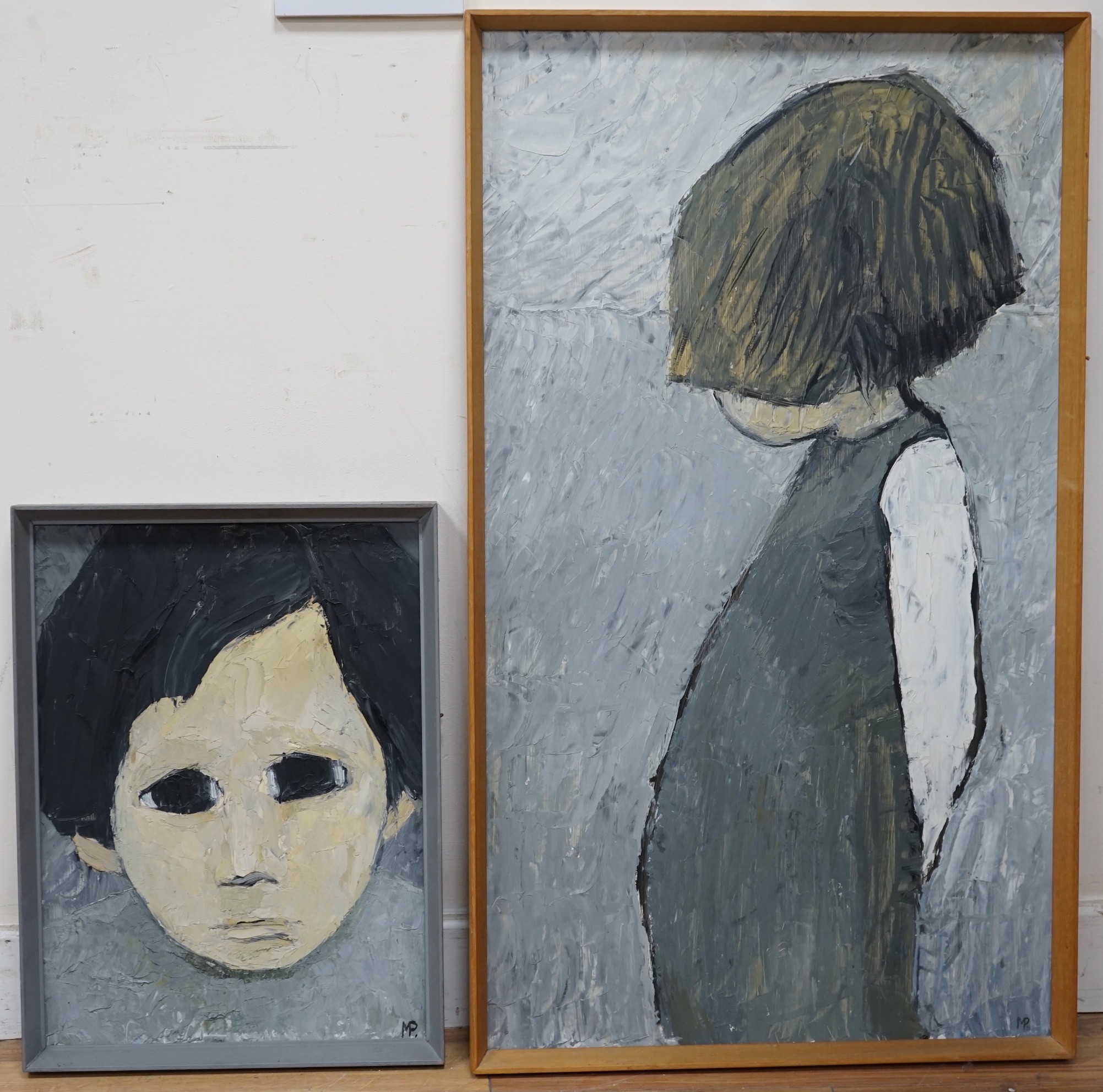 Marion Patrick (b.1940), oil on board, 'Girl', initialled with artist's label verso, 81 x 46cm and another by the same hand, Head of a child, initialled, 42 x 30cm